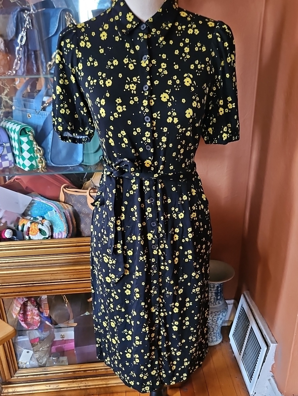 Boden Puff Sleeve Black Midi Shirt Dress with Yellow Floral Print